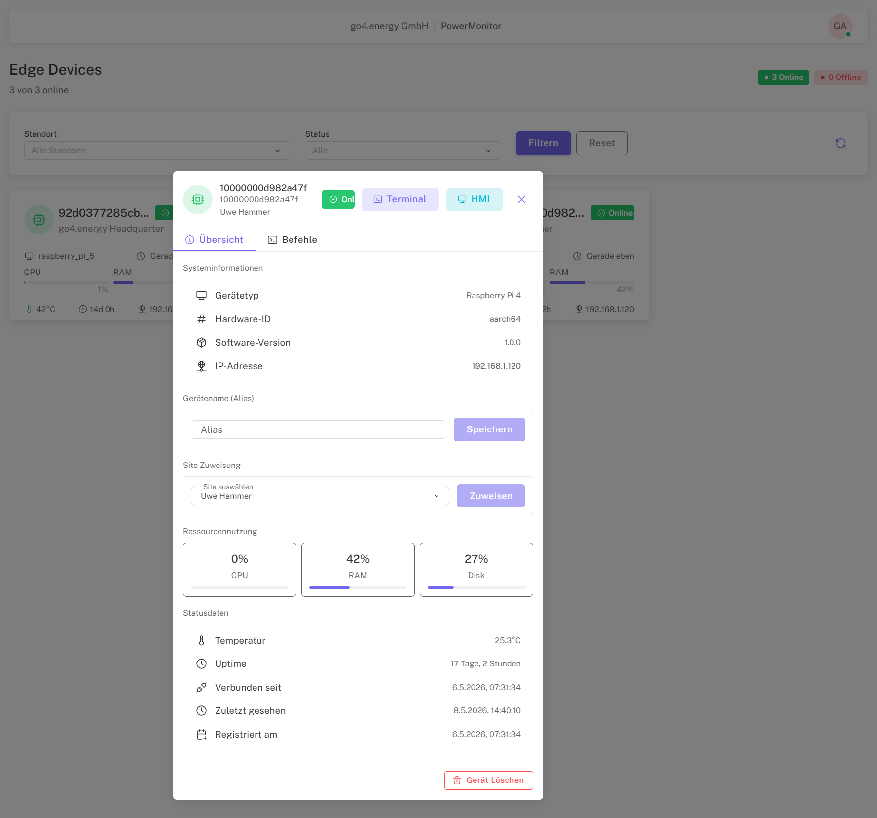 Detailansicht eines Edge-Geräts mit Systeminformationen, Ressourcen-Auslastung und Standort-Zuweisung